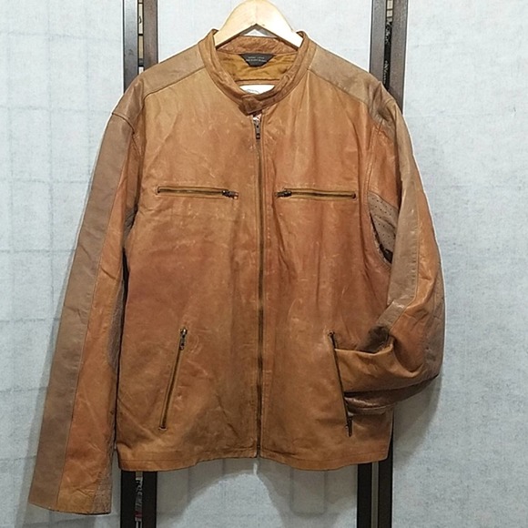 VTG Excelled Tan Genuine leather bomber jacket Distressed Zipper Pockets mens XL - Picture 1 of 12